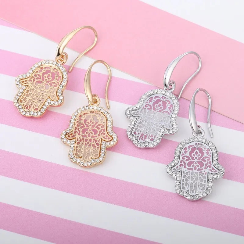 Boucles d'Oreilles Main de Fatma Plaqué Or & Strass