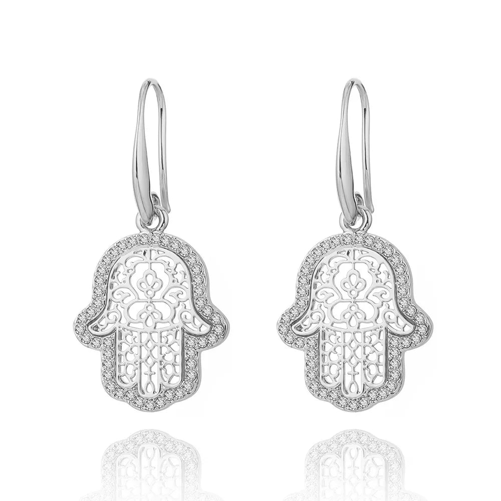 Boucles d'Oreilles Main de Fatma Plaqué Or & Strass