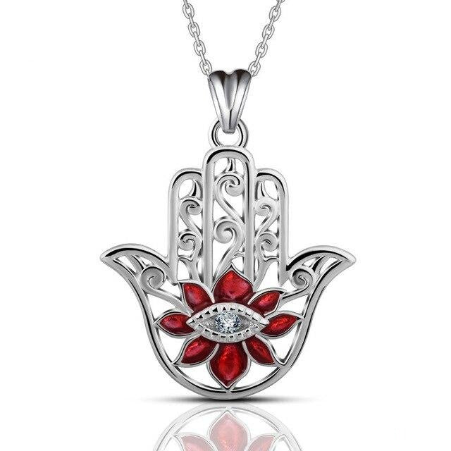 Collier Main de Fatma en Argent 925 à Motif Fleur Rouge