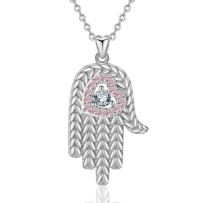 Collier Main de Fatma en Argent 925 avec Coeur Rose Intégré