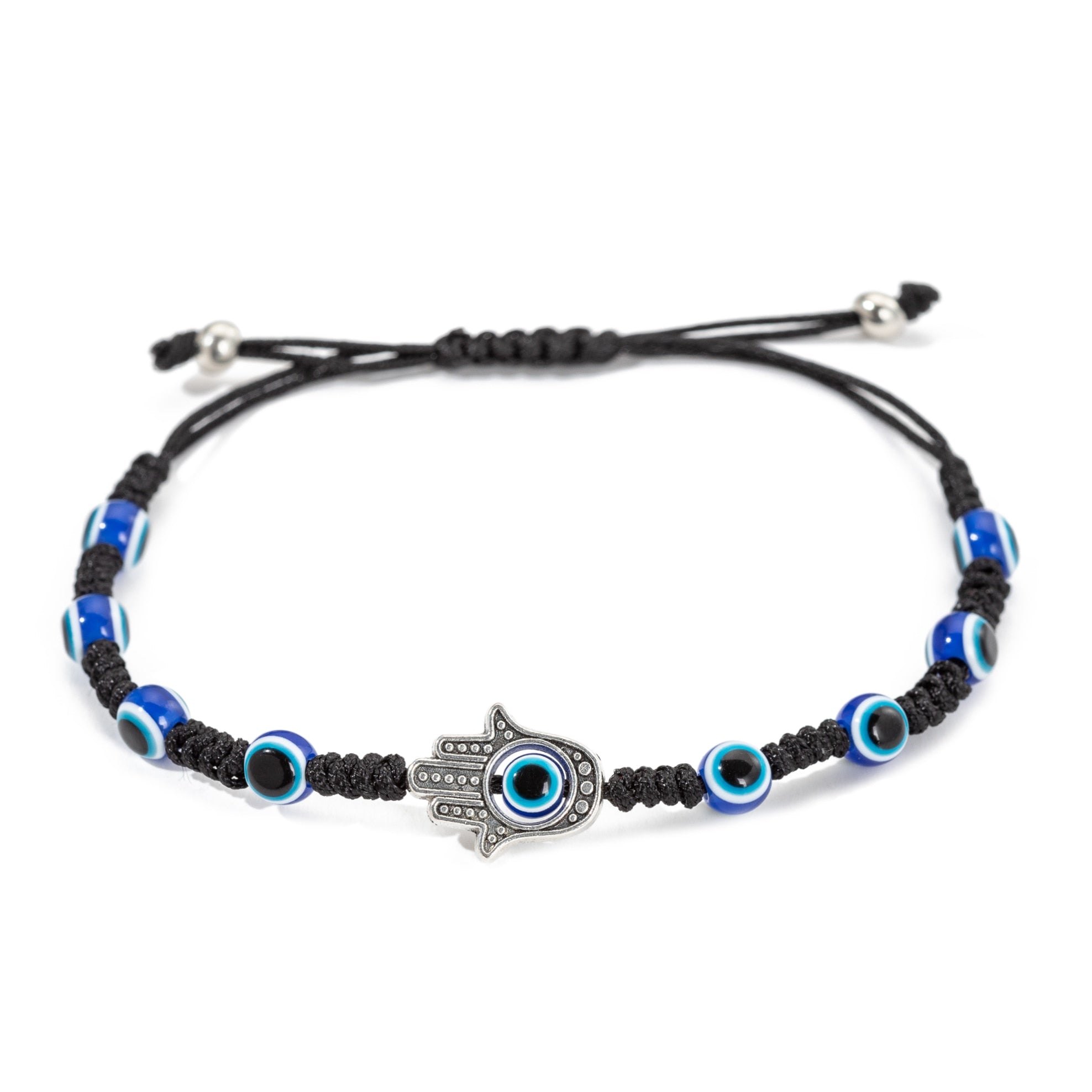 Bracelet Main de Fatma en Cordon Noir & Perles Oeil Bleu